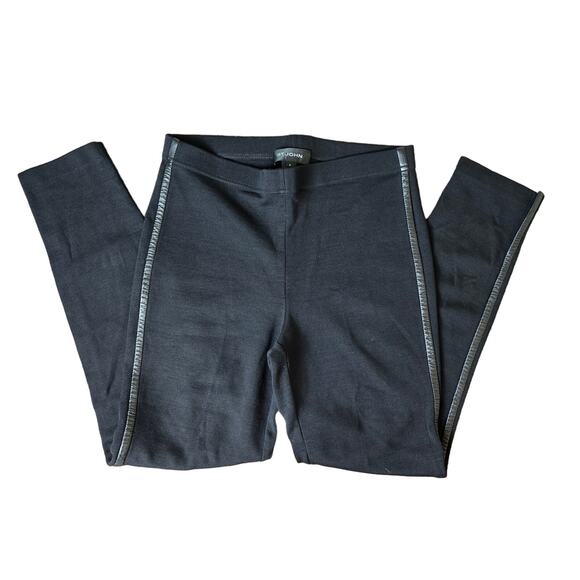 St. John Black Wool Blend Dress Pants with 100% Leather Strip Down Side, Size 8 - Picture 1 of 9
